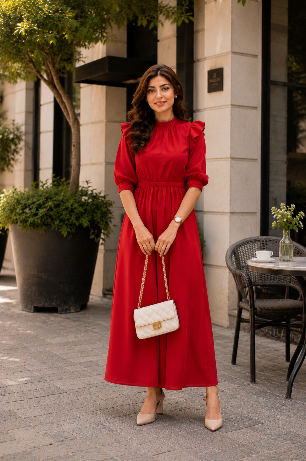 puff sleeve long sleeve flowy red dress Women’s Red Flowy Dress