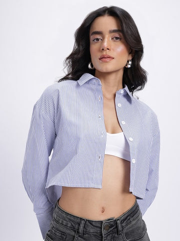 Zyna High Low Striped Boxy Fit Crop Shirt