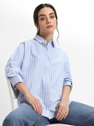 ZYNA Woman Oversized Vertical Striped Oxford Shirt