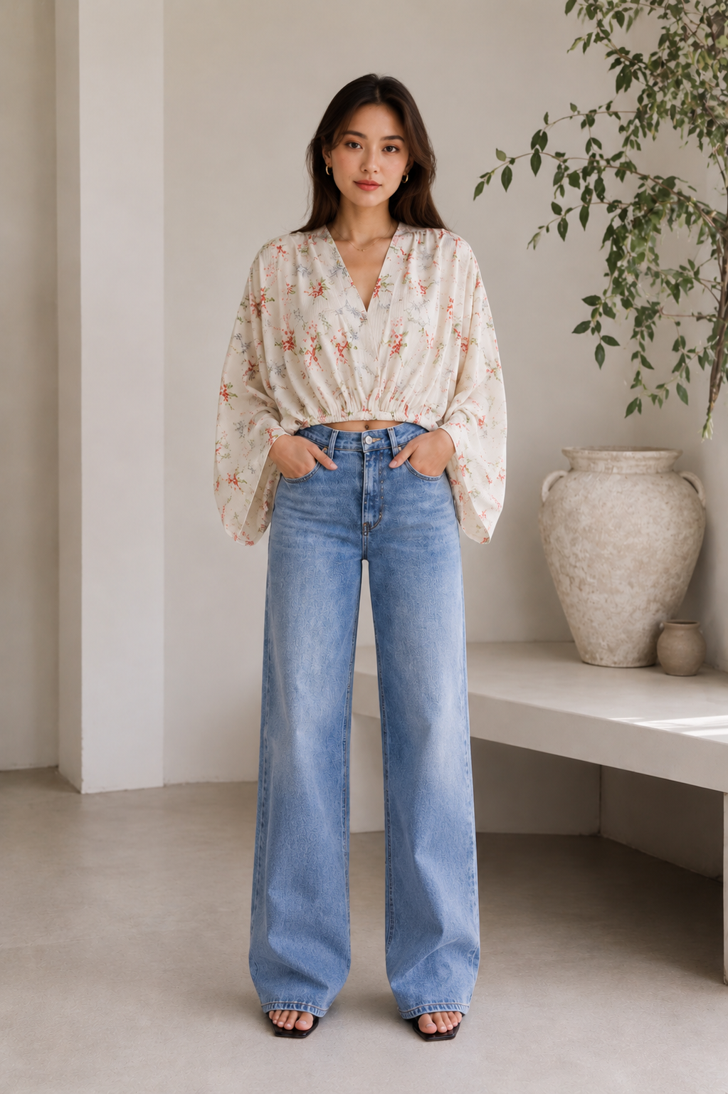 Floral Kimono Sleeve Crop Blouse