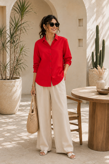 Women’s Solid Red Casual Button-Down Shirt