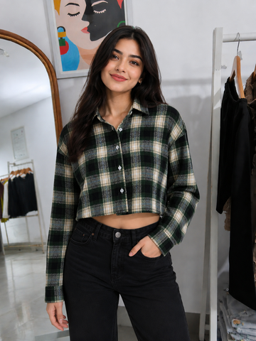Evergreen Cropped Flannel Shirt Cropped Drop Shoulder Shirt