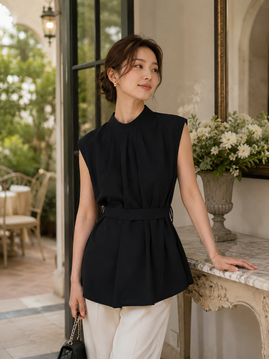 Women’s High Neck Belted Blouse