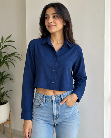 Women’s Navy Blue Drop Shoulder Cropped Shirt