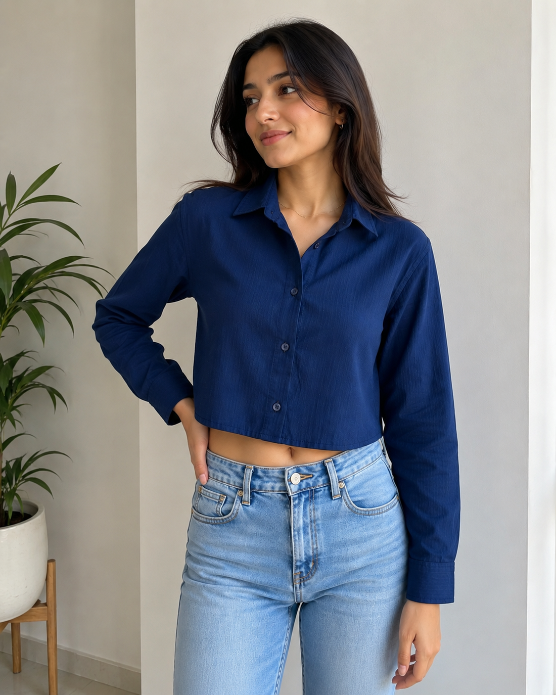 Women’s Navy Blue Drop Shoulder Cropped Shirt