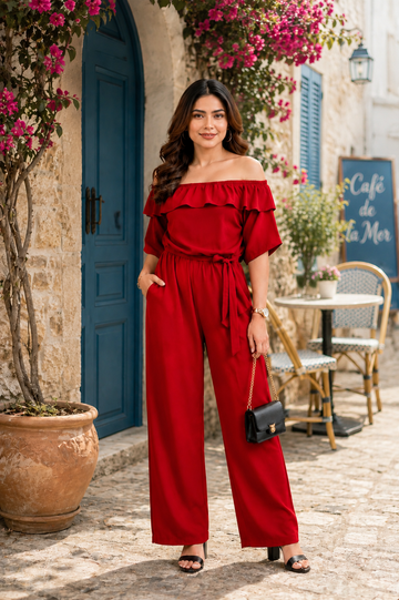 Scarlet Elegance Off-Shoulder Jumpsuit