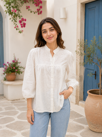 Chikankari Embroidered Cotton Button-Down Top