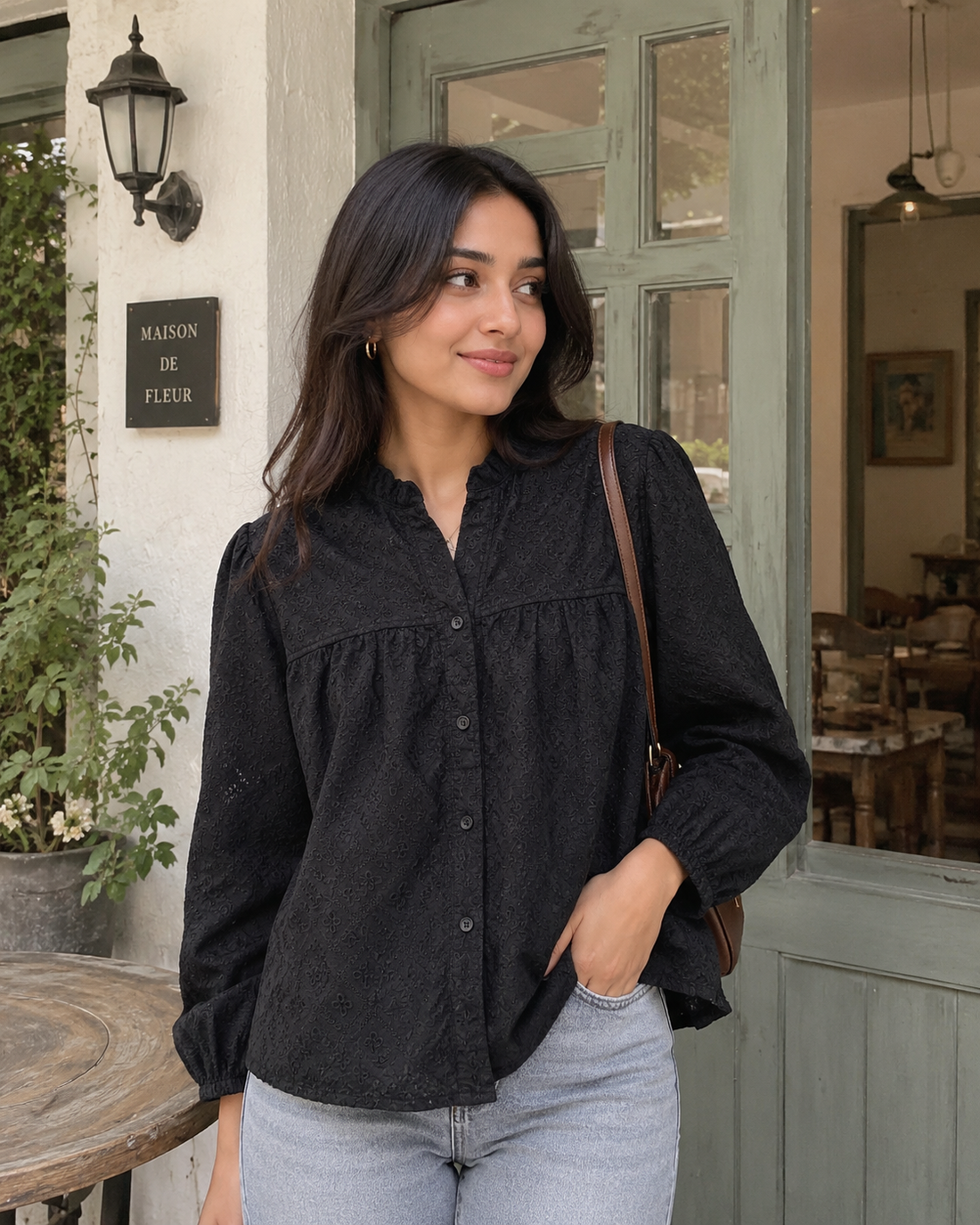 Chikankari Embroidered Cotton Button-Down Top