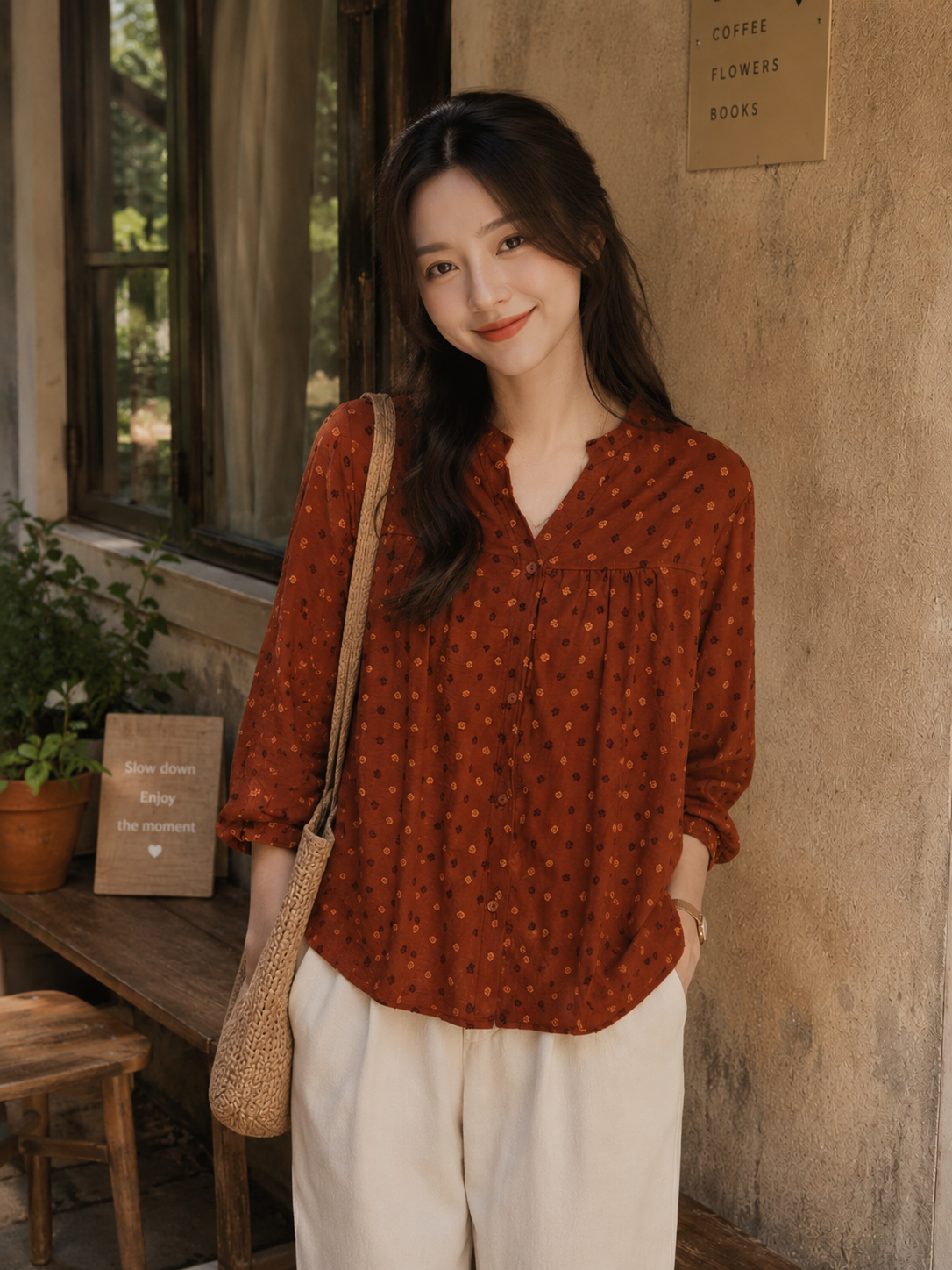 Women's Lightweight Rust Smock Blouse