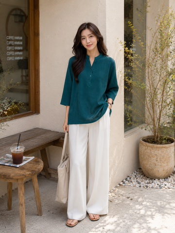 Women's Teal Linen Blend Tunic Top – Relaxed Fit 3/4 Sleeve Casual Blouse