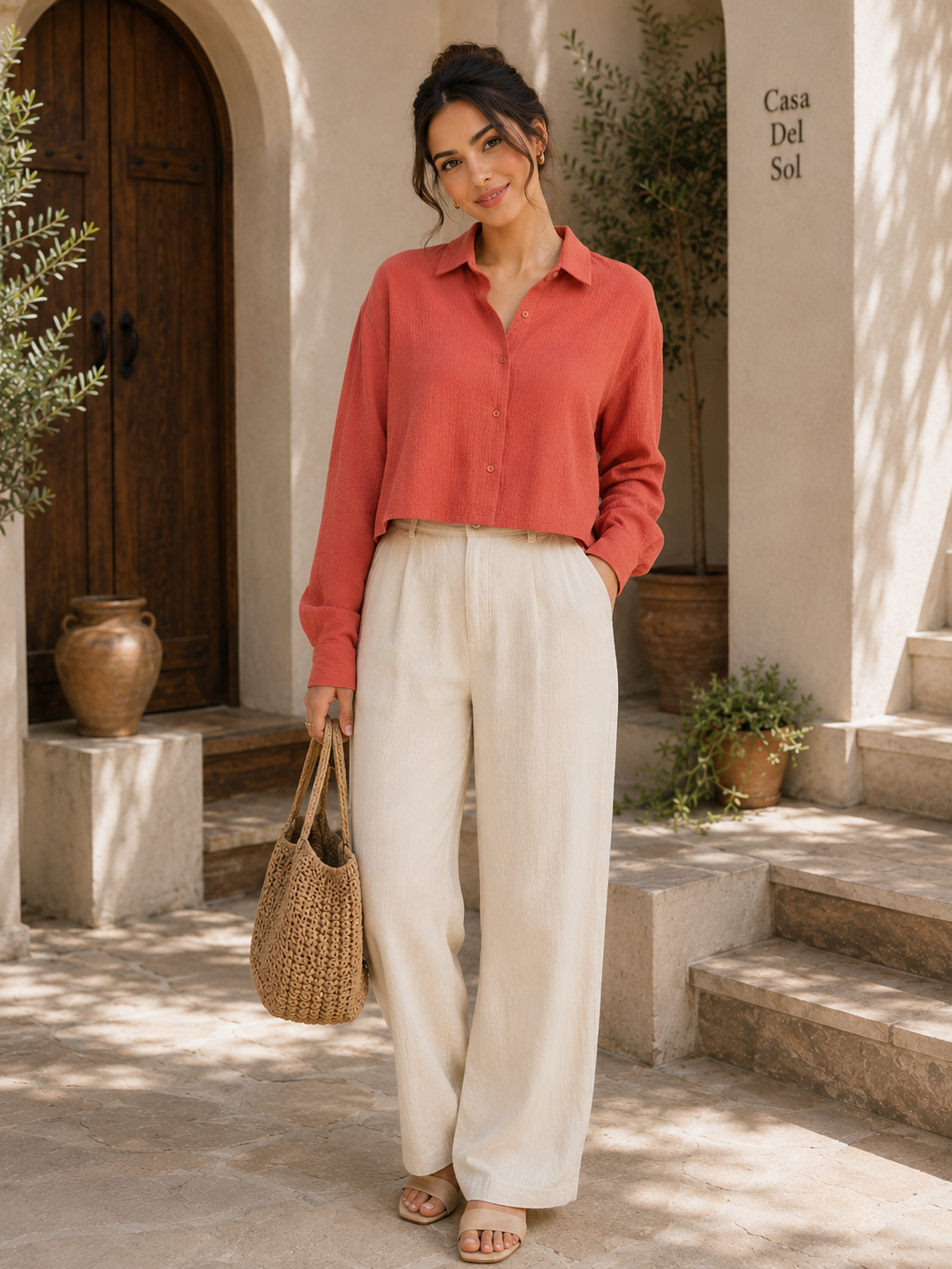 Women's Terracotta Long Sleeve Cropped Shirt