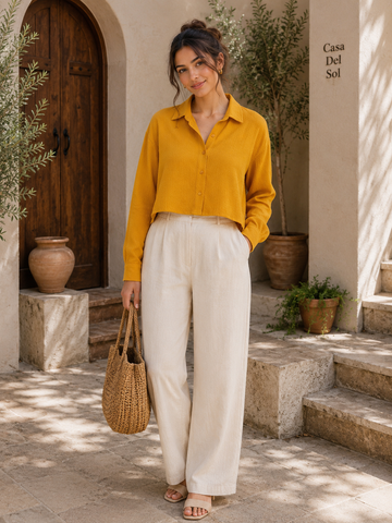 Women's Mustard Yellow Long Sleeve Cropped Shirt