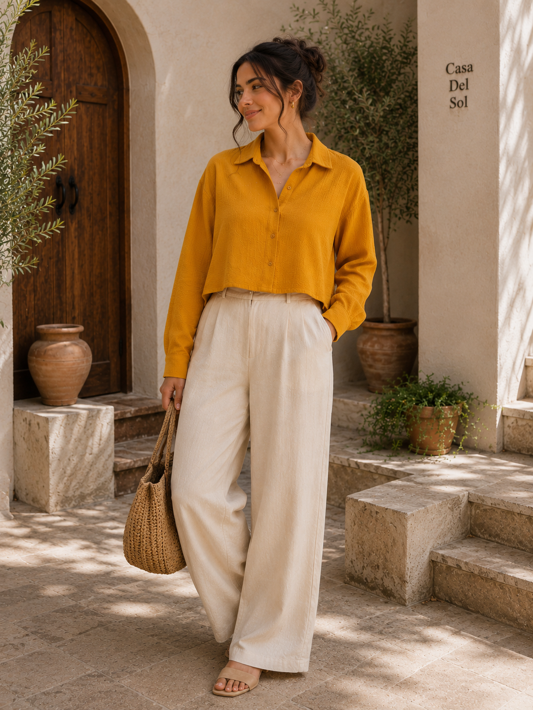 Women's Mustard Yellow Long Sleeve Cropped Shirt