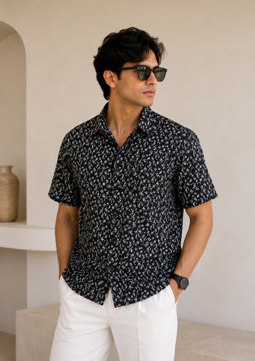 Men's Black Floral Print Half Sleeve Casual Shirt