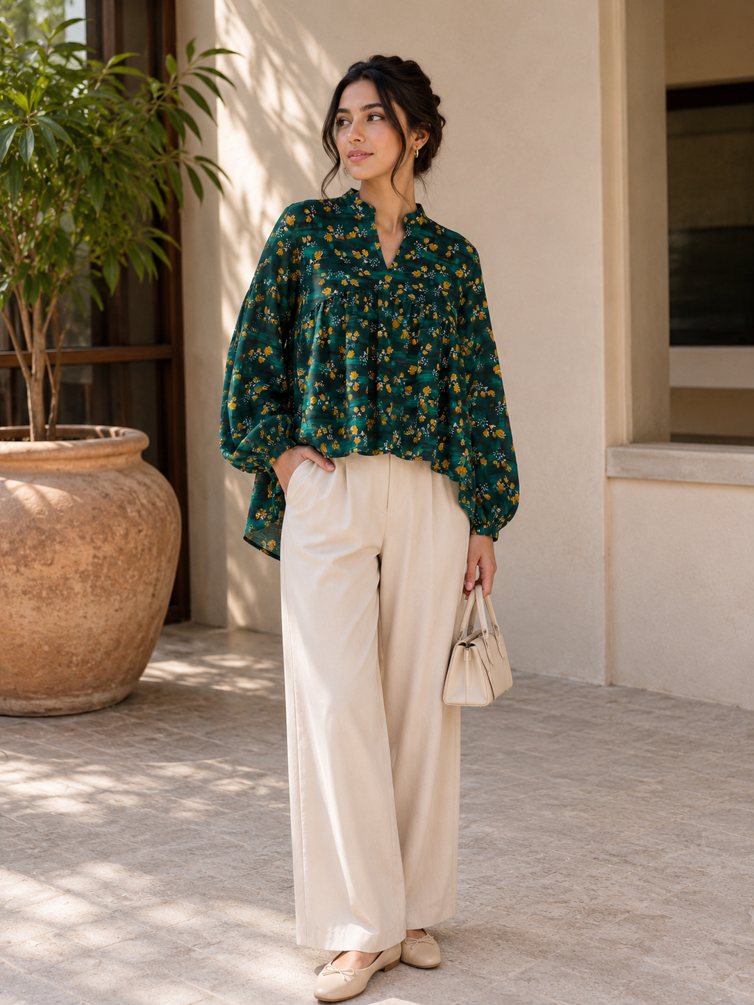 Women's Green Floral Printed Peplum Tops