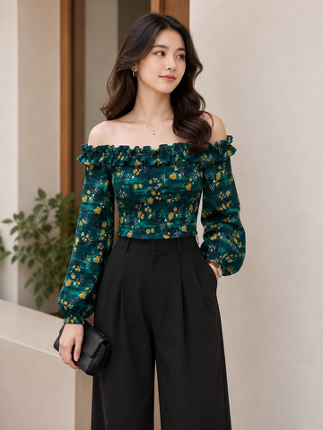 Emerald Bloom Off-Shoulder Tops