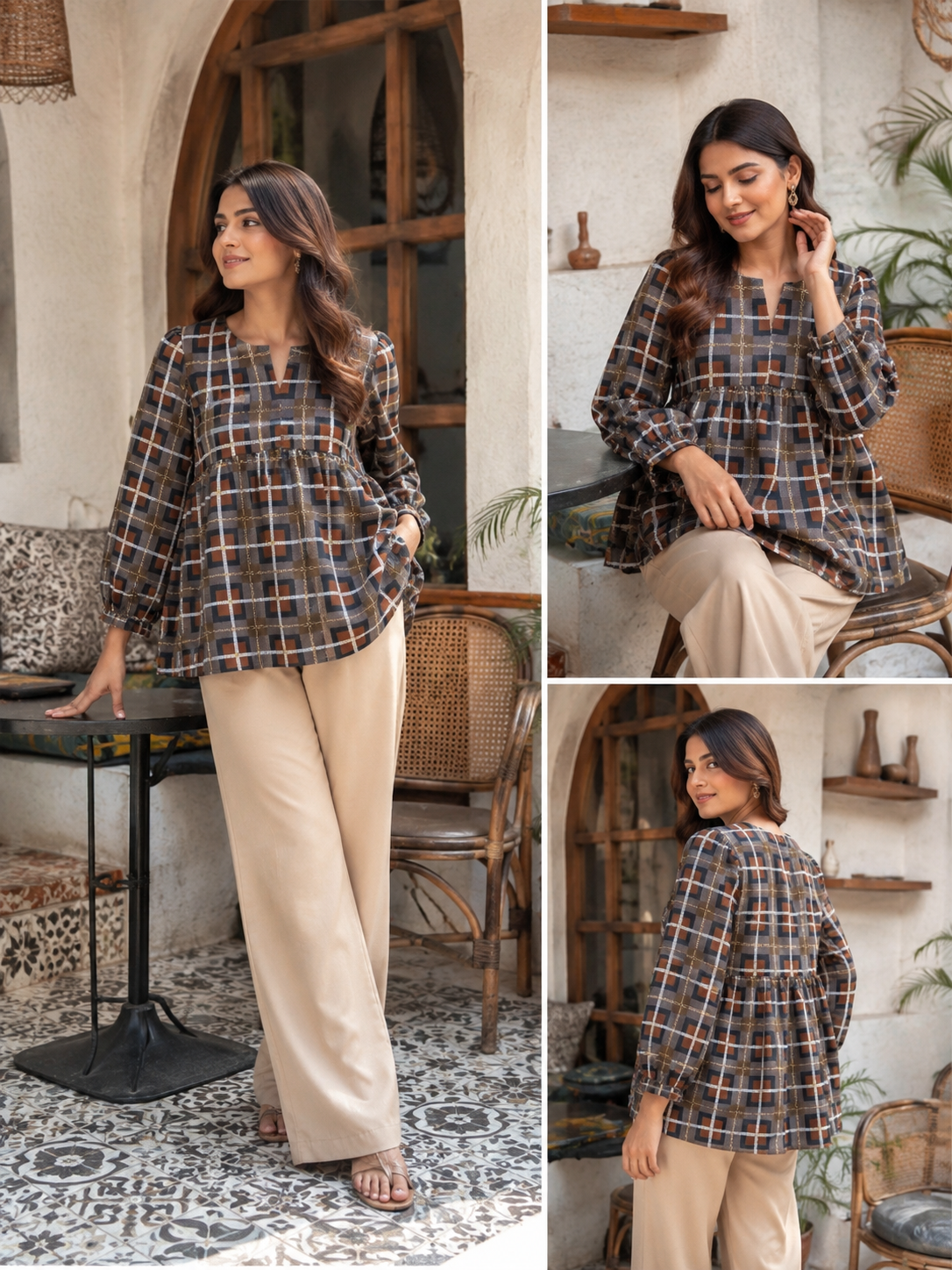 Women’s Brown Geometric Print Peplum Top