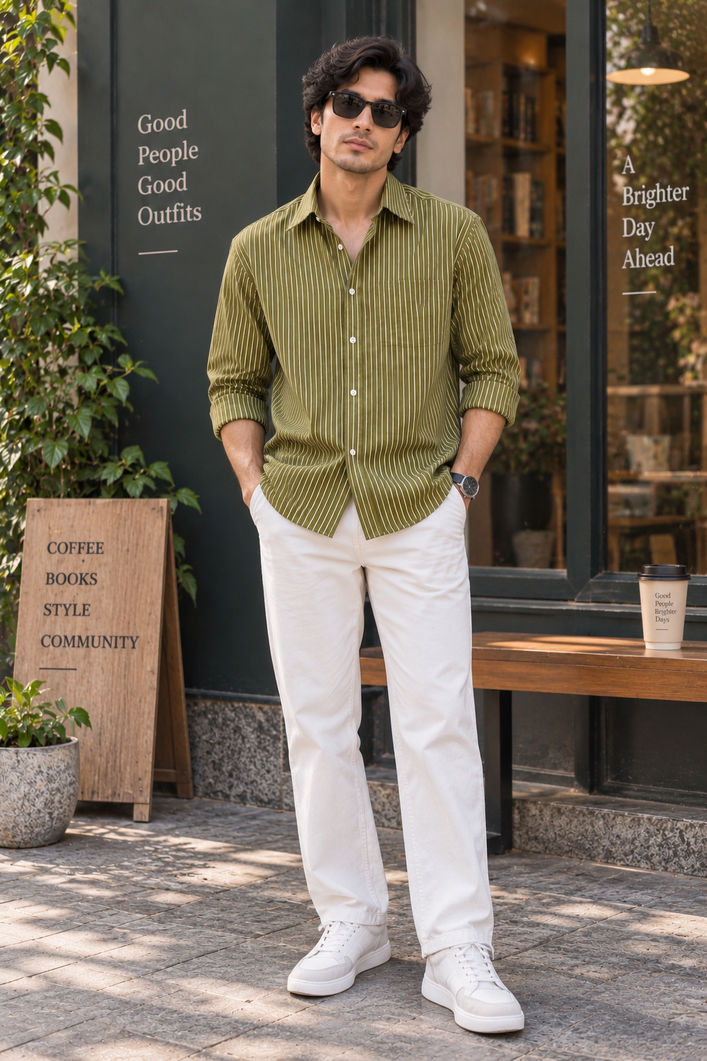 Olive Green Relaxed-Fit Stripe Shirt