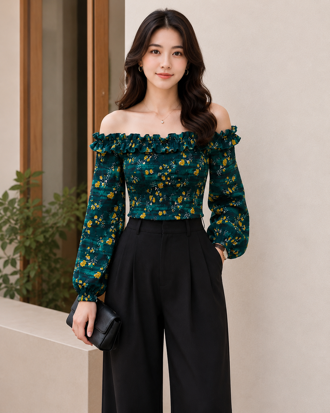 Emerald Bloom Off-Shoulder Tops