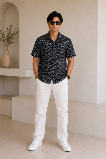 Men's Black Floral Print Half Sleeve Casual Shirt