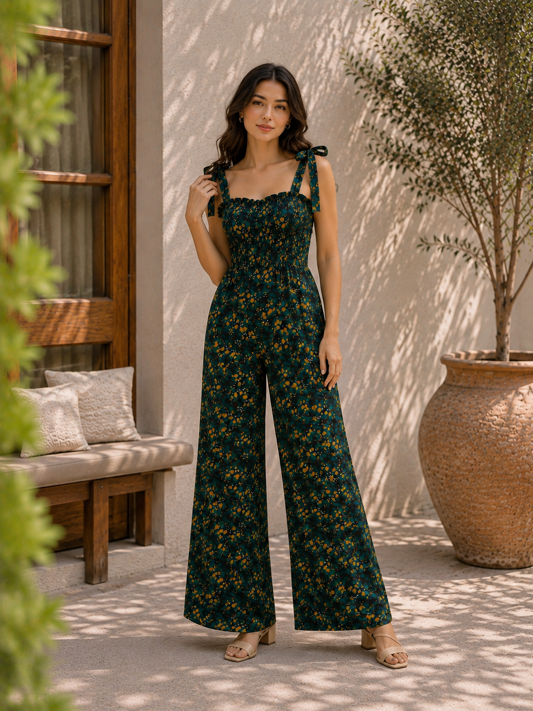 Green Floral Tie Strap Jumpsuit