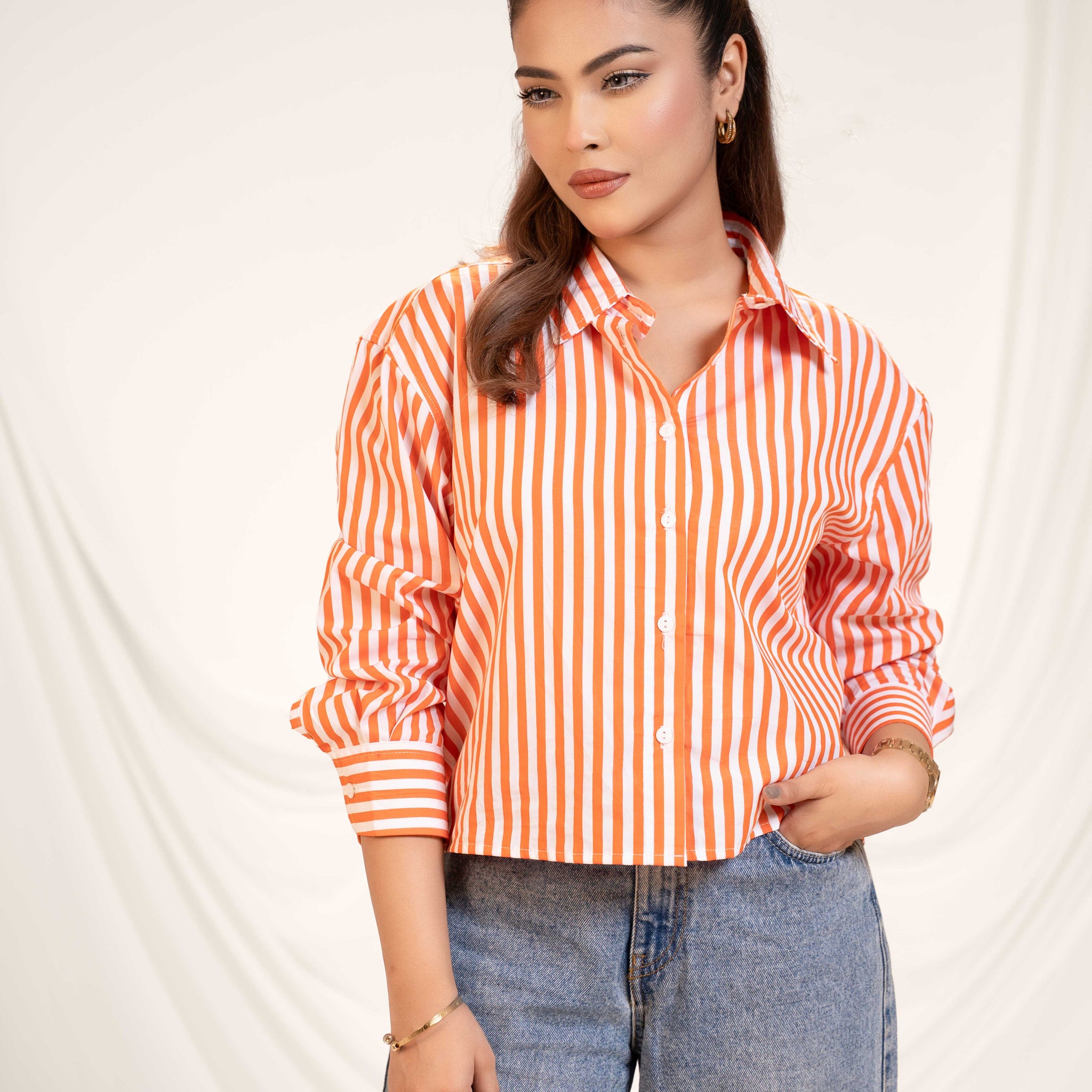 ZYNA Striped Orange Regular Shirt