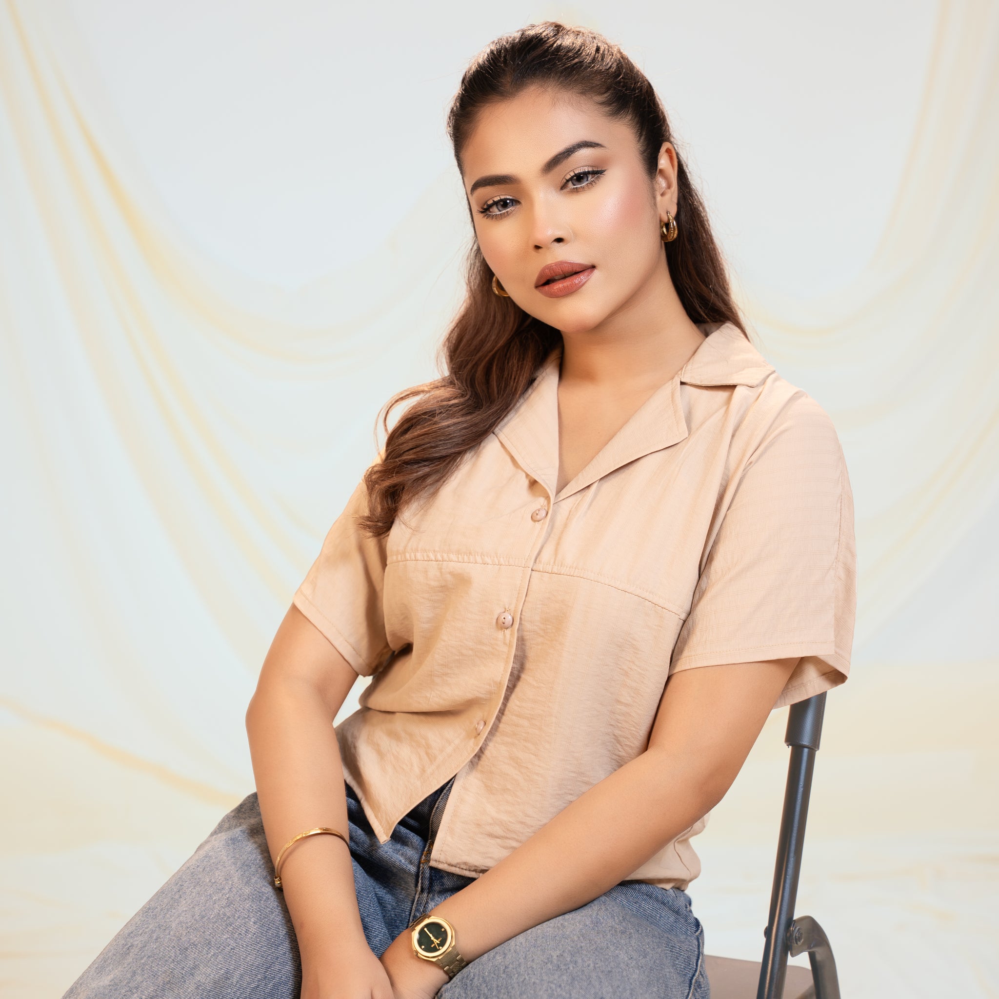 Beige Cropped Button-Up Shirt