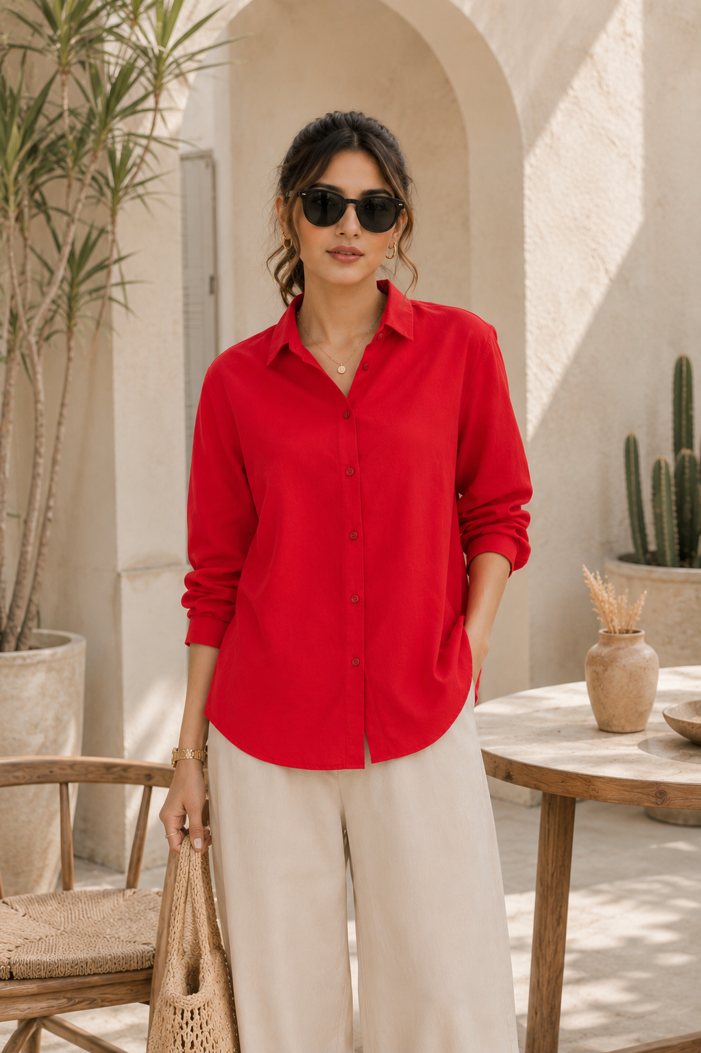 Women’s Solid Red Casual Button-Down Shirt