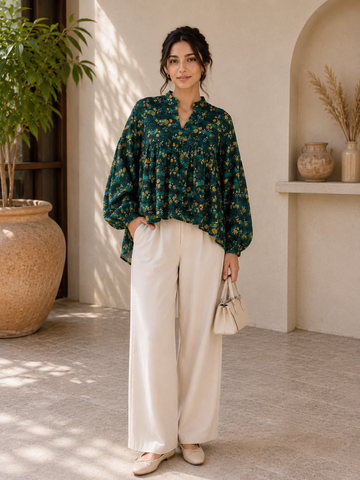 Women's Green Floral Printed Peplum Tops