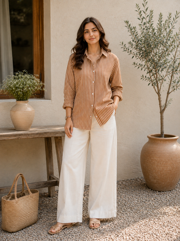 Zyna Rust Brown & White Striped Relaxed-Fit Button-Up Shirt