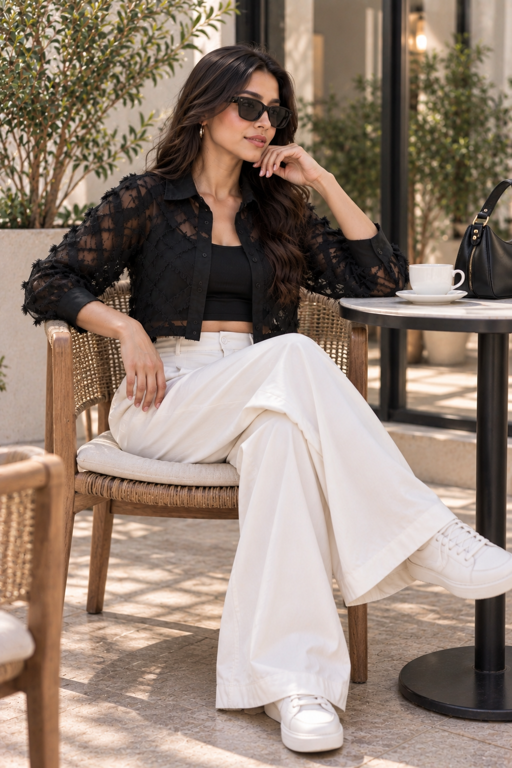 Women’s Black Sheer Textured Crop Drop-Shoulder Shirt