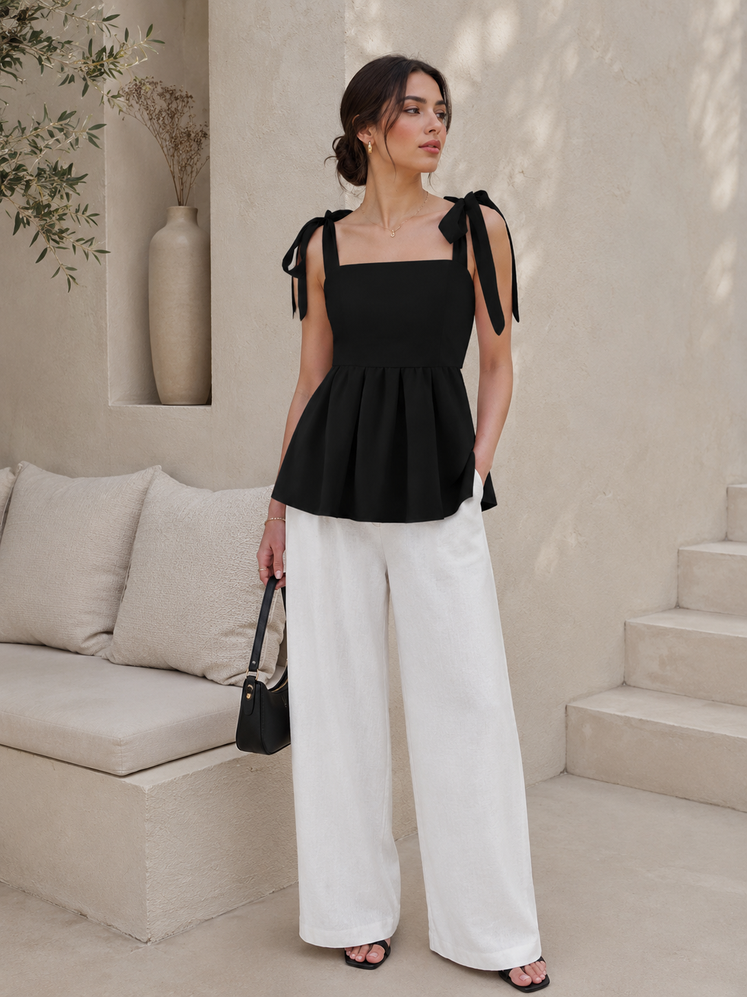 Black Tie Shoulder Peplum Top for Women – Square Neck Sleeveless Blouse