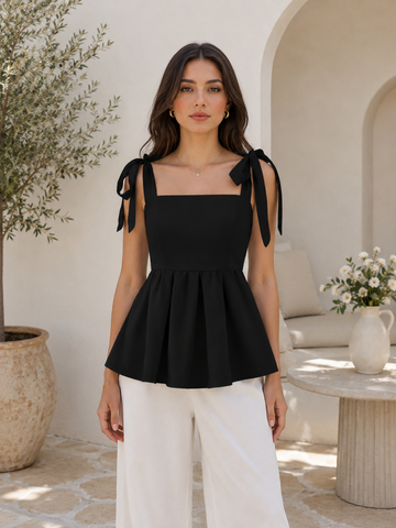 Black Tie Shoulder Peplum Top for Women – Square Neck Sleeveless Blouse