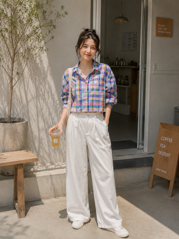 Women's Multicolor Plaid Cropped Cotton Shirt