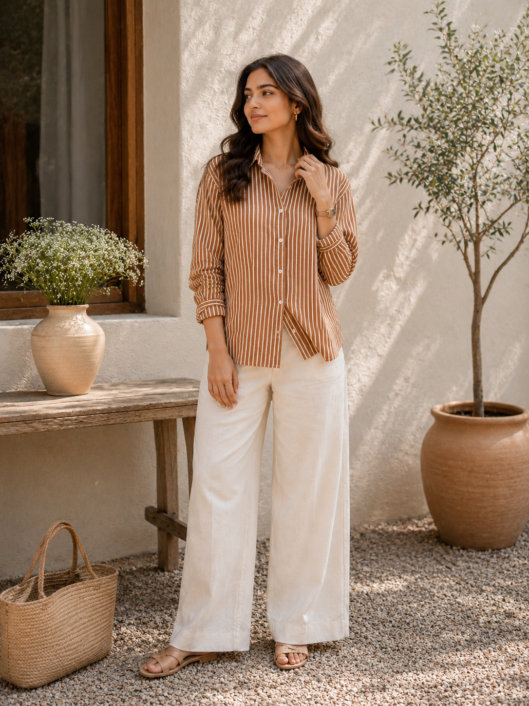 Zyna Rust Brown & White Striped Relaxed-Fit Button-Up Shirt