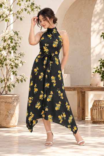 Floral Halter Neck Tie-Waist Midi Dress