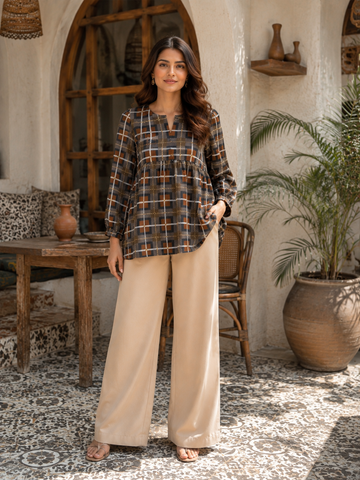 Women’s Brown Geometric Print Peplum Top