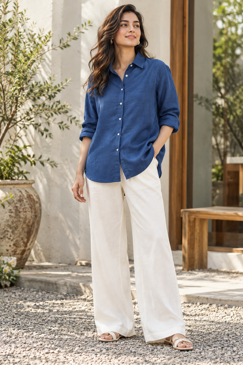 Women’s Slate Blue Casual Relaxed fit Linen Shirt