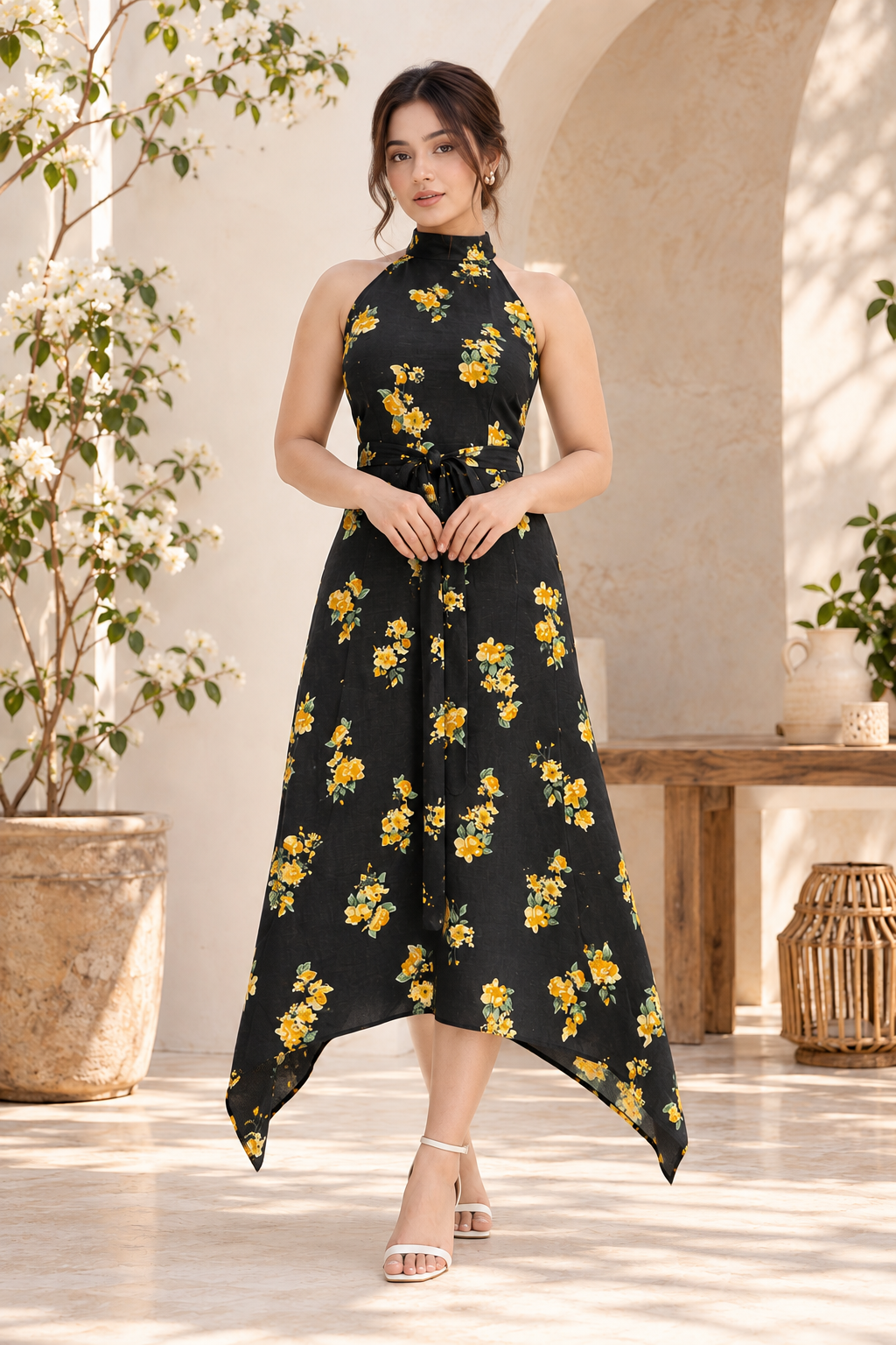 Floral Halter Neck Tie-Waist Midi Dress