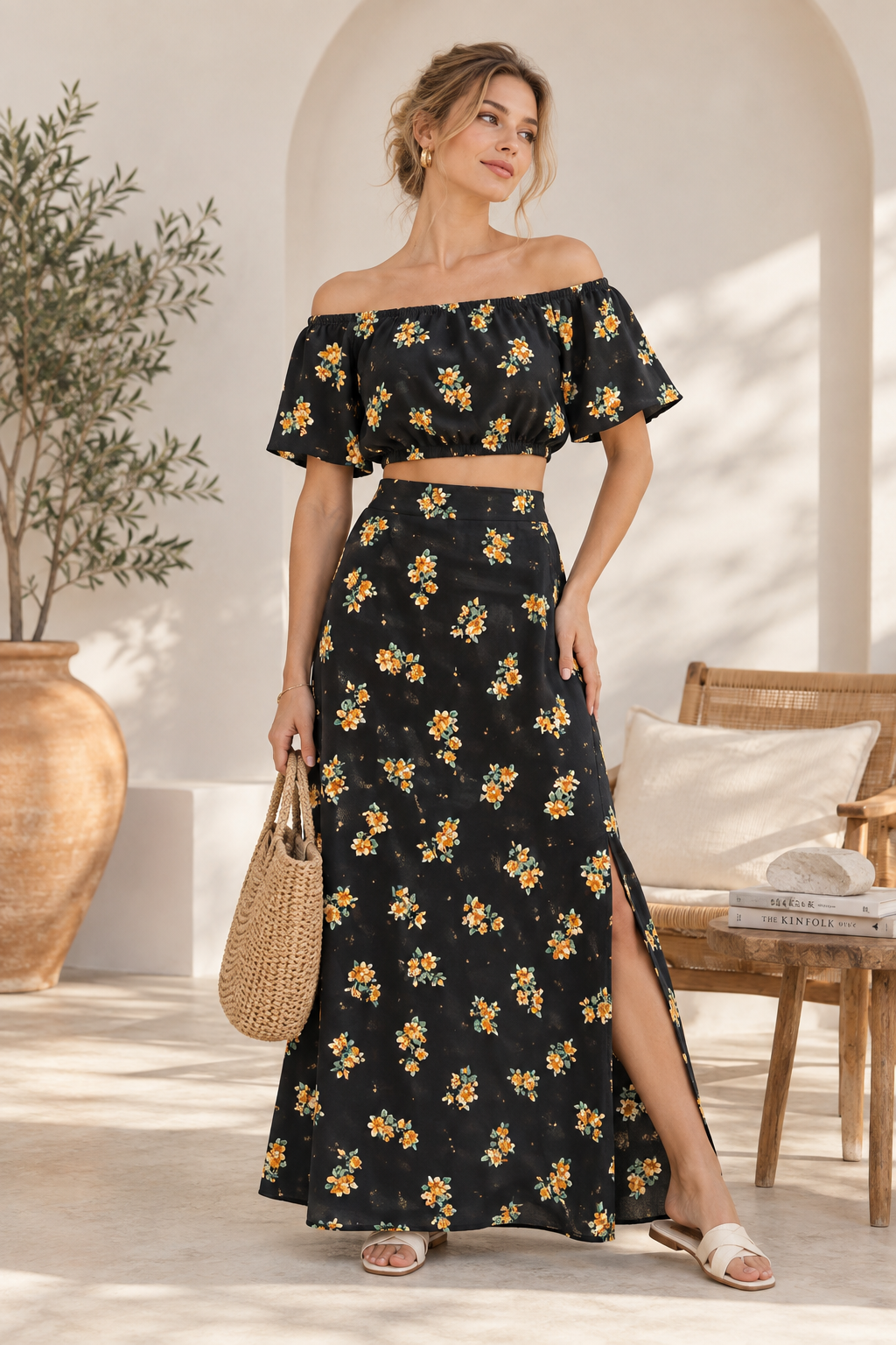 Floral Off-Shoulder Crop Top & Maxi Skirt Set