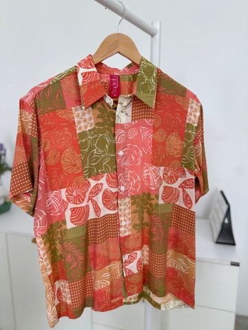 Retro Botanical Print Men's Baggy Fits Half shirt