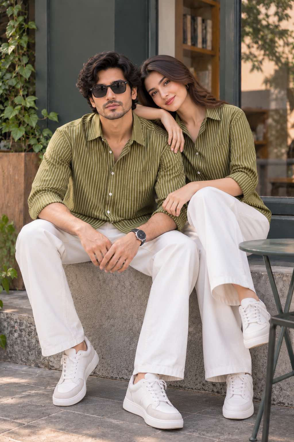 Olive Green Couple Matching Striped Shirts