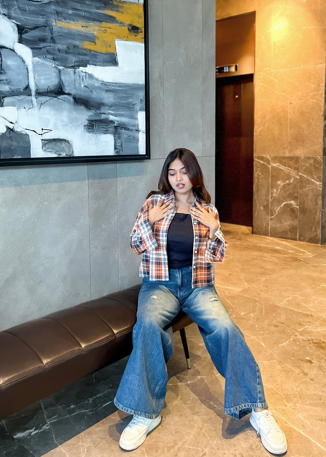 Women’s Cropped Check Flannel Shirt – Relaxed Fit