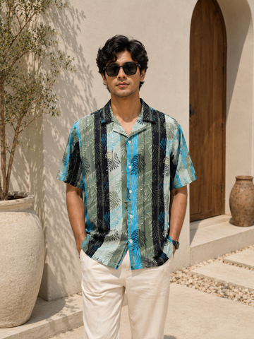Men's Tropical Leaf Cuban Collar Shirt