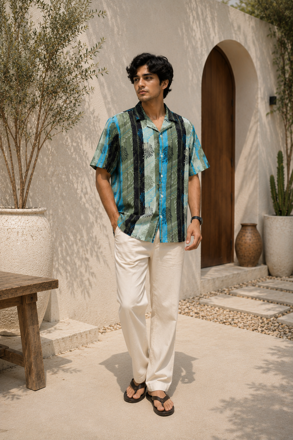 Men's Tropical Leaf Cuban Collar Shirt