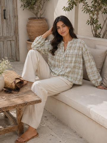 Women's Sage Plaid Cotton Blouse