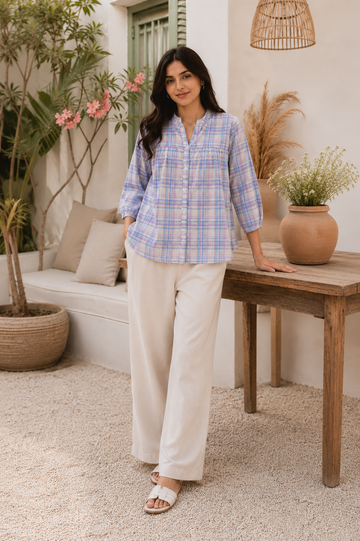 ZYNA Women's Pastel Plaid Cotton Casual Top