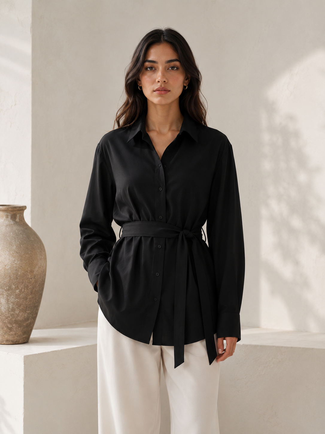 Women's Black Belted Button-Down Shirt