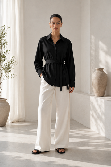 Women's Black Belted Button-Down Shirt