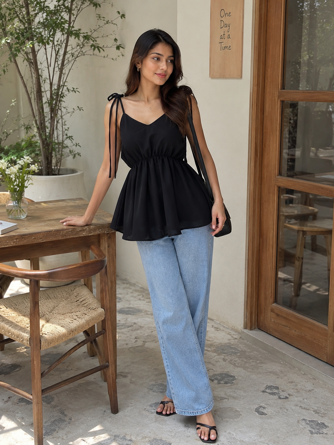 A woman stands in a cafe patio setting wearing a black sleeveless peplum top with tie details on the straps, paired with light-wash wide-leg jeans and black sandals.